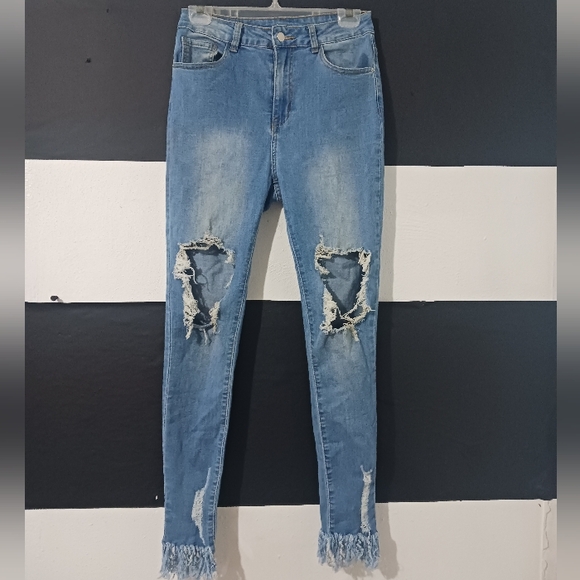 SHEIN Denim - Shein Women light blue destroyed knee Fringe skinny jeans